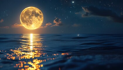 Poster - Golden full moon rising over the ocean, illuminating the night sky and creating a breathtaking reflection on the water