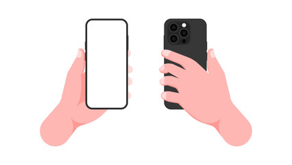 Poster - Front and Back View of Hand Holding Smartphone with Blank Screen. Perfect for Web Banners, Social Media, Business Presentations, and Marketing Materials. Vector Illustration.