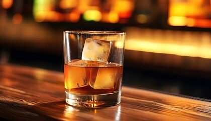 Wall Mural - Whiskey on the Rocks in a Cozy Pub Setting with Rustic Wooden Table