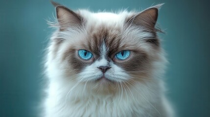 endearing portrait of a grumpy cat exaggerated frown and expressive eyes fluffy white fur contrasting against plain backdrop capturing feline attitude