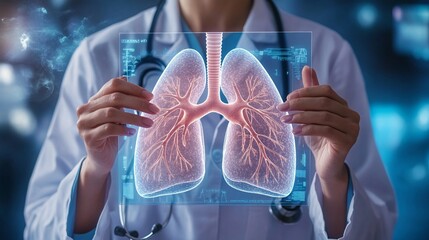 Poster - A doctor manipulating a 3D hologram of lungs to demonstrate respiratory issues and prepare for treatment of a lung condition Large space for text in center Stock Photo with copy space