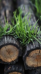 Vibrant green grass grows between stacked logs, showcasing a beautiful contrast of nature and wood textures in daylight