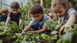 © TensorSpark - Children engaged in planting and tending to vegetables in a school garden, fostering hands-on learning and environmental awareness.