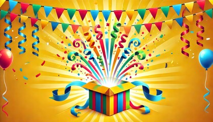 A festive gift box bursts open with colorful confetti, ribbons, and streamers against a bright yellow backdrop