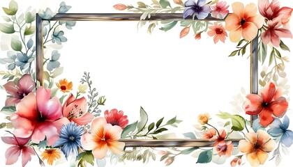 Wall Mural - Elegant Watercolor Floral Frame with Vibrant Blossoms and Lush Greenery