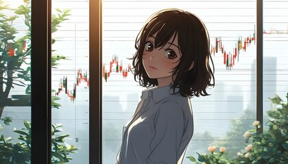 Wall Mural - Charming anime girl beside a torii gate in a tranquil garden with stock market graph lines, perfect for financial growth concepts against a clean white backdrop