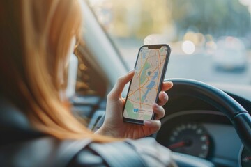 Poster - A woman is focused on her cell phone while driving her car, a common scenario in today's connected world