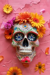 Aufkleber - A sugar skull adorned with colorful flowers on a pink background
