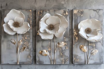 Poster - A unique decorative piece featuring three metal flowers attached to a wall, perfect for a modern home or office