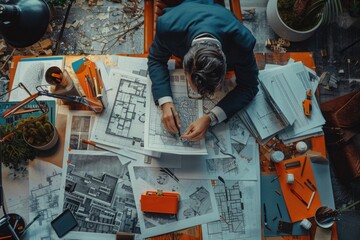 Aufkleber - A person sitting at a desk with a stack of documents and papers, focused on their work