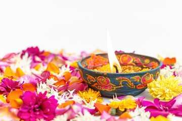 Wall Mural - A bowl of flowers with a candle burning inside