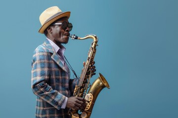 Poster - A musician plays saxophone on street or stage, great for music or entertainment concepts