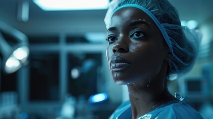 Canvas Print - A woman wearing scrubs and a blue hat, possibly a medical professional