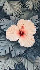 Canvas Print - A stunning hibiscus flower stands out against lush green tropical leaves, highlighting nature's intricate design and color palette