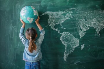 Canvas Print - A young girl creating a world map on a traditional chalkboard, ideal for education or travel themes