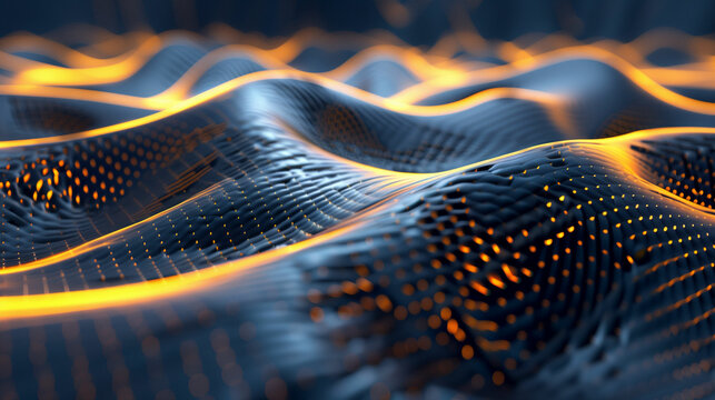 Dynamic abstract patterns of flowing waves with illuminated orange accents in a dark setting during nighttime