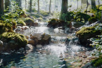 Poster - A serene stream runs peacefully through the lush green forest, perfect for nature and outdoor-themed projects