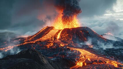 Poster - A volcano erupts, releasing hot lava into the air