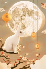 Wall Mural - A rabbit sits on a tree branch, gazing up at the full moon