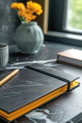 Canvas Print - A simple still life composition featuring a black notebook and a yellow pen