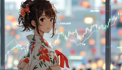 Wall Mural - Vibrant festival scene featuring Japanese anime girl in yukata with stock market graphs overlay against clean white background for financial success themes