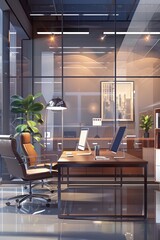 Aufkleber - A desk with a laptop and a chair in an office setting