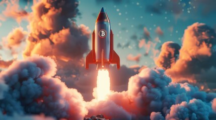 Poster - A high-speed rocket soaring through a cloudy blue sky, with shades of red and black