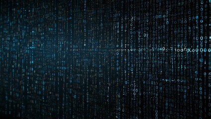 Blue technology background with binary code matrix.
