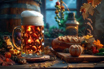 A mug of beer sits on a wooden table, ready for a drink or social gathering