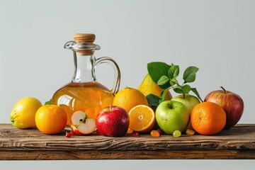 Poster - A bottle of apple cider surrounded by various fruits on a table