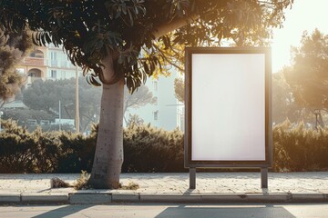 Poster - A lone blank sign sitting on the side of a road, perfect for use in scenes where a missing or lost sign is needed
