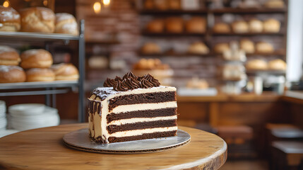 Wall Mural - A beautifully crafted Opera Cake presented on a rustic wooden table in a cozy bakery, with shelves filled with artisanal breads and pastries in the background.