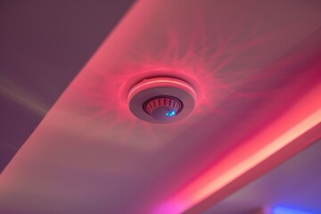 Poster - A bright red and blue light shines on a ceiling, providing an interesting visual effect