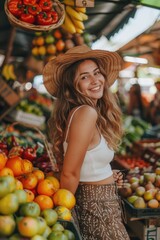 Canvas Print - A woman standing in front of a colorful fruit stand with various fruits and vegetables displayed