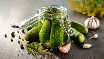 Wall Mural - Jar of pickled cucumbers on table. Generative Image