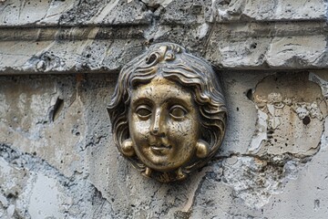 Sticker - A statue of a woman's face is mounted on a wall, decorative art piece