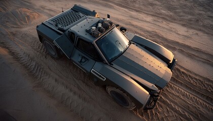 Futuristic cyberpunk heavy duty offroad car in desert with big wheels