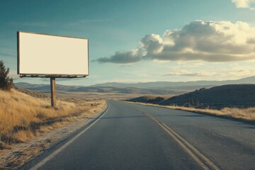 old blank white billboard mockup on the side of empty road