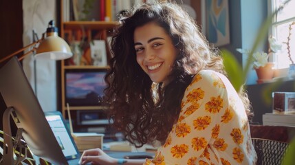 Poster - A person sitting in front of a laptop computer with a calm and focused expression