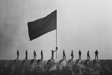 Poster - Group of people standing together at the summit, holding a flag, with a scenic landscape in the background