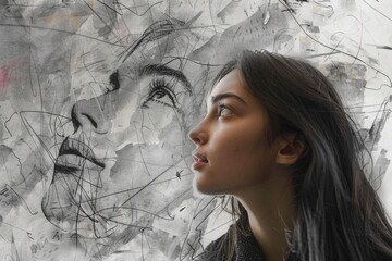 Aufkleber - A woman looks up at a drawing on a wall with interest and curiosity
