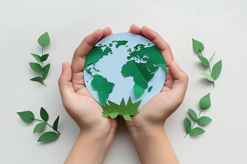 Poster - Two hands holding a paper cut earth surrounded by green leaves