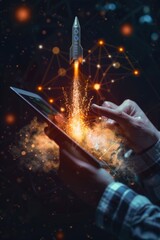 Poster - A person holding a tablet with a rocket emerging from it, possibly representing technological innovation or futuristic concepts