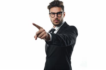Poster - A businessman in a suit pointing at something, potentially important or interesting