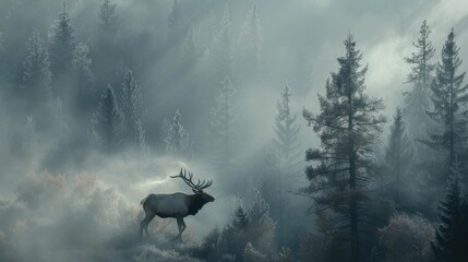 Poster - Elk in Foggy Forest