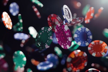 Poster - A bunch of colorful poker chips in mid-air, creating a vibrant and dynamic scene