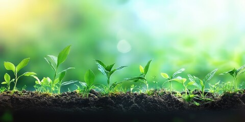 Vibrant green seedlings emerging from rich soil in a natural environment, symbolizing growth and renewal in nature.