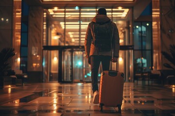 Aufkleber - A person carrying luggage walks down a corridor in a modern building