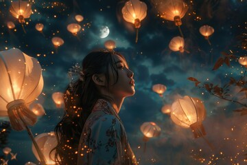 Poster - A person standing in front of colorful paper lanterns, great for celebrations or parties