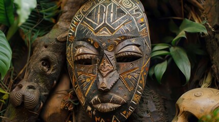 Canvas Print - Close-up of an intricately carved wooden mask